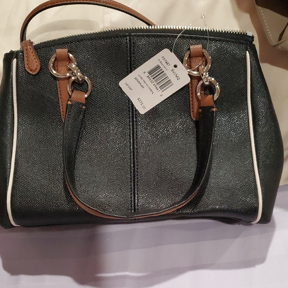 Coach Black Leather Satchel with Brown Handles and White Piping - Picture 2 of 4